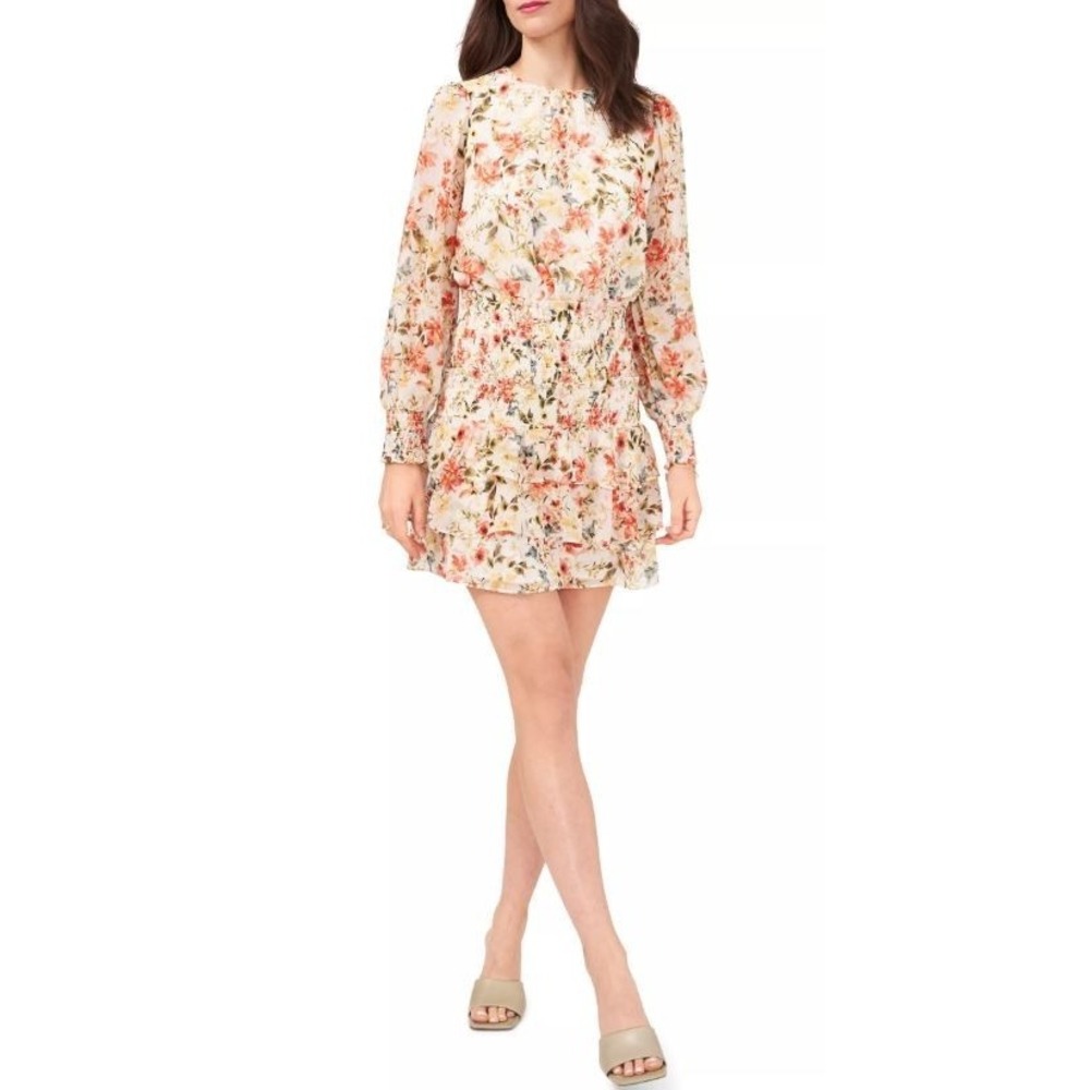 1.State Womens Long Sleeve Smocked Tiered Mini Dress Day Break Watercolors Large